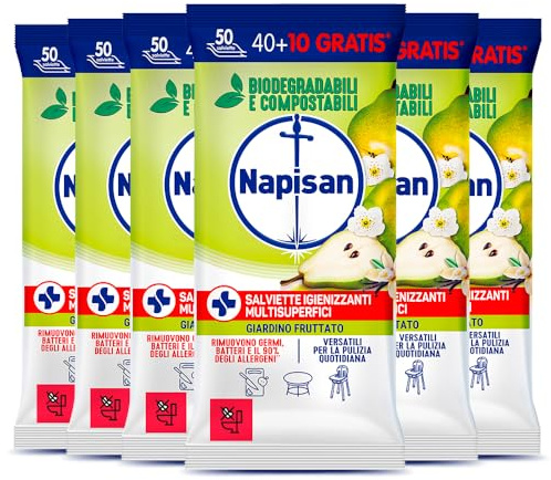 Napisan Salviette Igienizzanti Multisuperfici Fragranza Giardino Fruttato Rimuovono Germi e Batteri Biodegradabili Compostabili Versatili per Pulizia Quotidiana - 6 Confezioni da 50 Salviette
