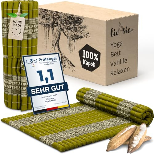 livasia Rollmatte Rollmatratze L-200x110x4,5cm, Gästebett Gästematratze 1 Person, Reisebett Kofferraum Outdoor, Thaimatte Kapok, Garten Balkon handgefertigt rubinrot