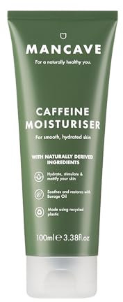 ManCave Natural Caffeine Moisturiser 100ml, Helps Reduce Signs of Fatigue, with UV Absorbers, Suitable for all Skin Types, Dermatologically Tested, Vegan, Made in England, Packaging May Vary