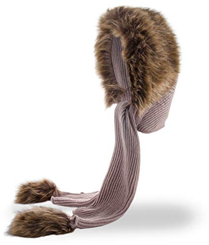 Futrzane Classic Kapuzenschal - Winter Schalmütze Damen - Mützenschal mit Fell (Beige - Bronze Classic)