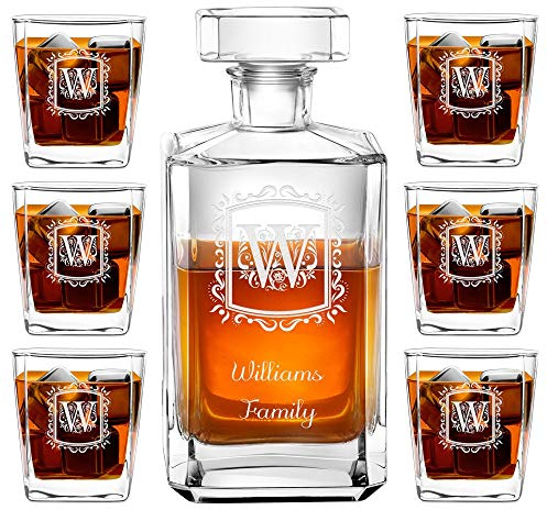 Maverton Whiskey Decanter Set of 6 Glasses, 700 ml Universal Carafe, Letter