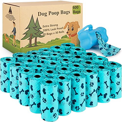 Tonsooze Hundekotbeutel, 600 Beutel (25 Beutel x 24 Rollen) für Hunde, kompostierbar, extra dick, Beutel aus Maisstärke-Mischung, mit 1 Beutelspender, wasserdicht, extra groß, dick, blau