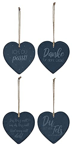 levandeo 4er Set Schiefertafel Herz 12x12cm Sprüche Schieferplatte Memotafel Türschild Dekohänger Love Liebe Geschenk Schild Wanddeko