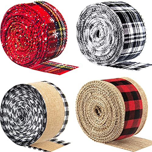 Caselast 4 Rollen Weihnachts-Geschenkband aus Jute, 5,1 cm, Schneeflocke, schwarz und weiß, kariert, schwarz und rot, Büffelkariert, für Geschenke, Basteln, Weihnachtsbaumdekoration (6 Yard)