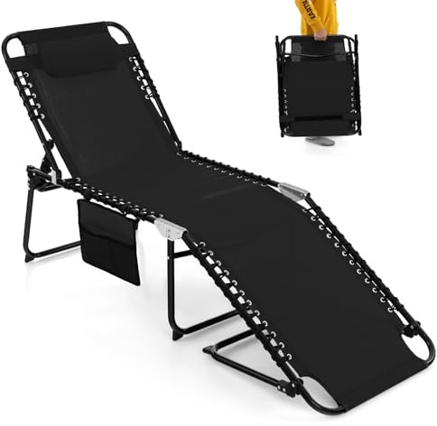 COSTWAY Chaise Longue Pliante Inclinable avec Appuie-tête Amovible, Bain de Soleil avec Dossier Réglable à 4 Positions et Cadre en Acier Antirouille, pour Camping, Terrasse, Charge 150 KG(Noir)