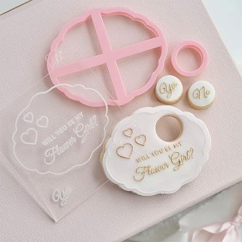 LissieLou Will You be My Flower Girl Plaque Wedding Cookie Cutter and Embosser Bridal Party Icing Stamp Fondant Embosser by Catherine Marie - Light Pink/Clear