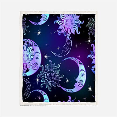 XPINGO Boho Kuscheldecke Sherpa Decke 150x200 cm Mikrofaser Weich Warme Winter Blanket Astrologie Sternenhimmel Sonne und Mond Wohndecke Fleecedecke Flauschige Sofadecke für Sofaüberwurf Tagesdecke