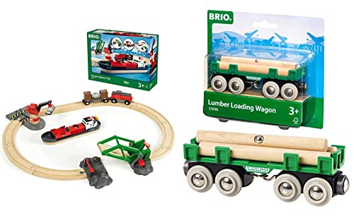 BRIO World 33061 Container Hafen Set - Mit Hafenbrücke und beweglichem Kran zum Beladen des Frachtschiffes - Geeignet für Kinder ab 3 Jahren & 63369600 Bahn 33696 - Langholzwagen