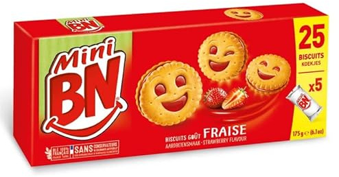 BN - Mini Fraise en sachets individuels - 175g - Biscuits croustillants au chocolat et à la fraise, idéaux pour les pauses sucrées - Lot De 4 - Vendu Par Lot
