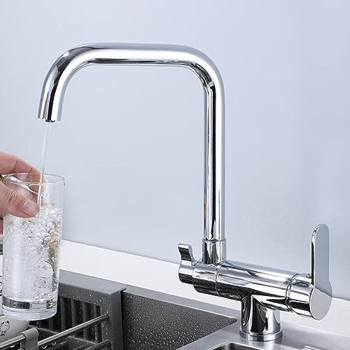 Grifo Cocina 3 Vias Osmosis Abatible, Grifo de Cocina para Ventana Plegable Giratorio de 360° Agua Purificada Agua Fría y Caliente Latón Grifos Fregadero Cocina-Cromo