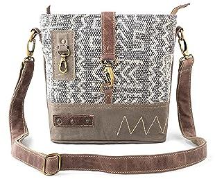 3B Shouzo Kurier- und Schultertasche, recyceltes Vintage-Canvas und Leder, mit 2 verschiedenen Riemen, Braun