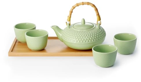 Teemaando® Tanaka Service à thé en porcelaine, théière, 4 tasses et plateau en bambou 0,6 l, tasse 0,15 l, dimensions du plateau : 31 x 16 cm