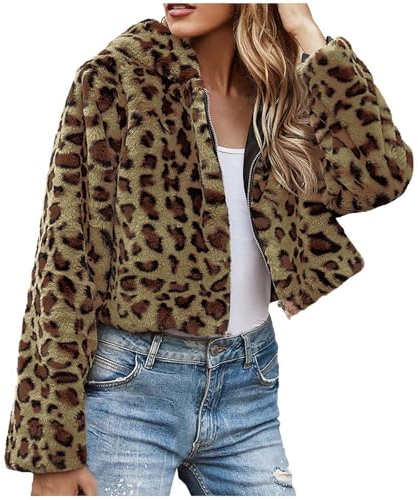 Dyhxuan Felljacke Damen Kurz mit Kapuze Winterjacke Modische Leopardendruck Pelzjacke Winter Langarm Übergangsjacke Cardigan Wintermantel Pelzmantel Locker Plus Size Kunstfell Jacke Outdoorjacke