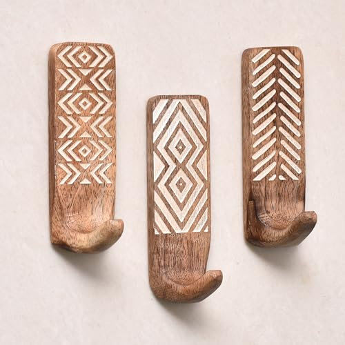 Indian Shelf Boho Decorative Wood Adhesive Wall Hooks for Coats – 3 Hooks 6 Strips, Waterproof, Rustproof Towel Holder, No-Drill Hangers for Bathroom & Kitchen – Cute Key Holder for Wall