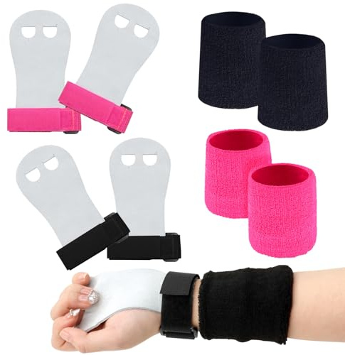 ZYNERY 2 paia di guanti da palestra + 2 paia di polsini sportivi, protezione palmo da palestra, bambini adulti in pelle con manici per sollevamento pesi, palestra, crossfit/sport trazione