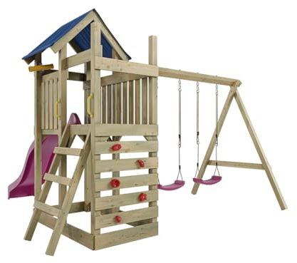 Outgarden Spielturm Klettergerüst Speedy aus KDI-Holz | Spielhaus mit pinker Rutsche & Doppel-Schaukel | Sandkasten, Leiter & Kletterwand | Outdoor Stelzenhaus für Kinder & Garten | 355 x 386 x 258 cm