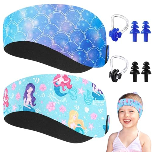 Schwimmen Stirnband,2 STK Schwimm Stirnbänder Kinder,Neopren Schwimmband,Dehnbares Verstellbares Stirnband Ohrstöpsel Schwimmband,Wasserdichtes Kopfband Haarband für Schwimmen (M1)