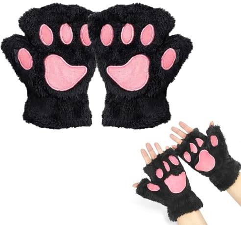 EQLEF Cat Paw Gloves, Plush Fingerless Gloves Mittens Cute Half Finger Gloves Warm Winter Glove Cat Cosplay Glove for Women Lady and Teenage girls (Black, 21cm)