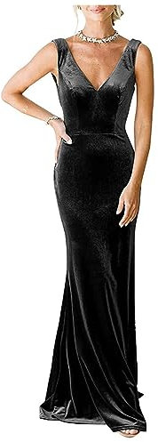 Stillluxury EV09 Robe en velours pour femme avec col en V et dos bénitier, a-noir, 48