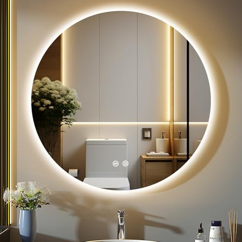 GIMBELEN Badezimmerspiegel mit Beleuchtung, 60 cm Runder Badspiegel mit Beleuchtung, 3 Lichtfarben, Dimmbar, Touch-Schalter, Speicherfunktion, Energiesparend, LED Spiegel Bad Wandspiegel mit Licht