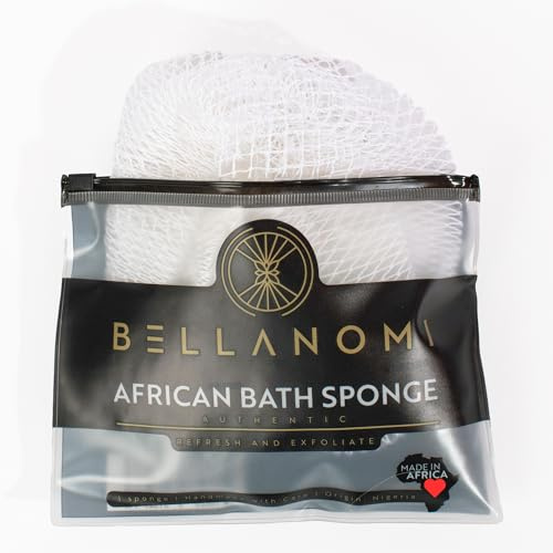 BELLANOMI African Exfoliating Net Sponge, Authentic, Ethically sourced from Nigeria, 45 inches Long, Back Scrubber for Daily use (White)