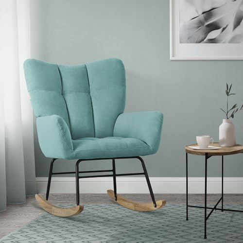 ML-Design Gungfåtölj, salvia, gungstol med frottéutseende, stoppad svängstol med träskenor, relaxfåtölj med armstöd för vardagsrum/sovrum/balkong, relaxstol öronfåtölj