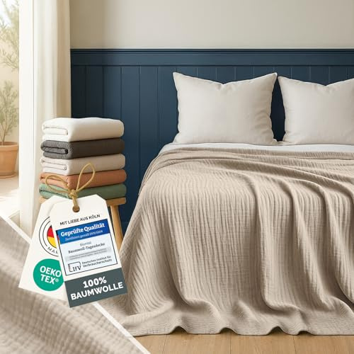 Blumtal Tagesdecke Baumwolle 150x200 cm - Musselin Decke Oeko-TEX zert. - Bettüberwurf 150x200 - Couch Überwurf - leichte Kuscheldecke Baumwolle 100% - Überdecke Bett - Couchdecke Überwurf Creme-Weiß