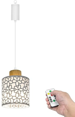FSLiving Dimmbare Hängelampe mit Batterie Innen,Weiß Metall Hängeleuchte Batteriebetriebene Lampe, Pendelleuchte ohne Strom Stromanschluss für Küche Nachttischcafé,TB2865-WHB