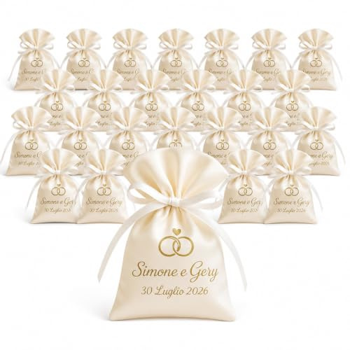 Cormar Sacchetti Bomboniera Matrimonio, Crema, 24 Pezzi | Personalizzati con Nomi e Data, Raso Premium, Con Cuore e Fedi, Per Confetti e Confettata, Segnaposto Nozze Eleganti