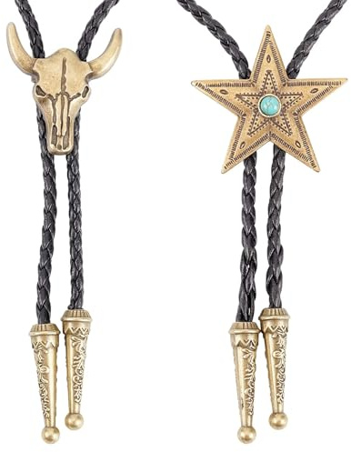 FveVqe 2 Styles Bolo Tie, Cowboy Necklace, Western Leather Cowboy Neck Tie with Horse and Bull Skull, Adjustable Braided Cord for Unisex, Vintage Cowgirl Necklace Rodeo Wedding Gift (Bronze)