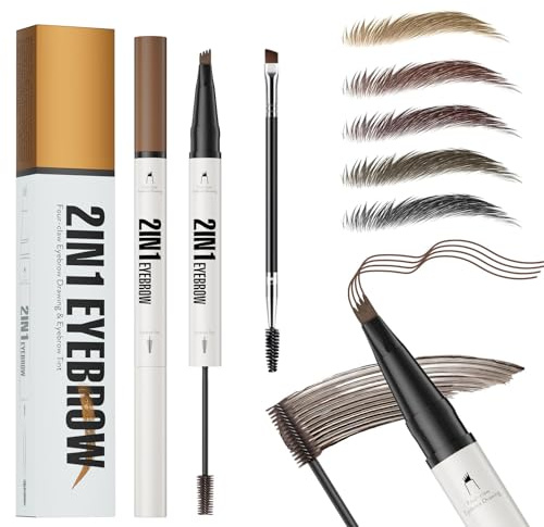 Eyebrow Pencil with Eyebrow Gel, 2-in-1 Microblading Eyebrow Pen and Brow Gel with 4 Fork Tip & Precise Brush-Tip for Fuller-Looking Defined Brows, 24H Wear, Waterproof & Smudge-proof, Brown