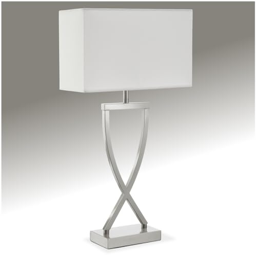 tectake® Nachttischlampe mit Stoffschirm, Schreibtischlampe, E27 Fassung, Deko Tischlampe mit Kippschalter und Kabel, Nachtlicht Lampe, für Schlafzimmer Wohnzimmer, 27 x 12 x 51,5 cm - nickelfarben