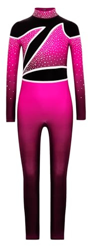 Sinleey Mädchen Gymnastikanzug Ganzkörperanzug Turnanzug Langarm Kombination Strass Tanzanzug Ballettanzug Farbverlauf Eiskunstlaufanzug A Knalliges Pink 134-140