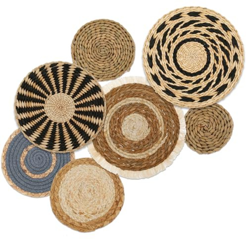 HuhWafee Juego de cestas de pared tejidas para colgar, tapiz bohemio, 7 cestas de algas marinas únicas hechas a mano para granja y pared, mesa y más, listas para colgar con clavos