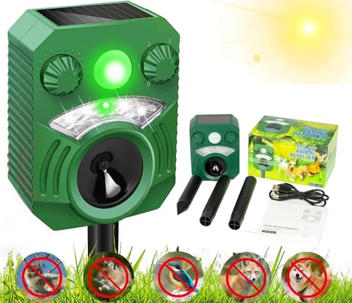 Joomouney Katzenschreck, Katzenschreck Abschreckung für Gärten UK, Tierschreck Ultraschall Abschreckung mit PIR Sensor & Blitz 5 Einstellmodi, IPX4 Wasserdicht Solar USB Aufladung für Hund Fuchs Vogel