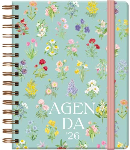 Dohe - Agenda 2026 - Vecka Vista, A5 (15 x 21 cm), mjukt kartonglock, dubbel spiralstängning, gummiband, 4 klistermärken, sidindex, årlig spansk planerare - botanisk bukett