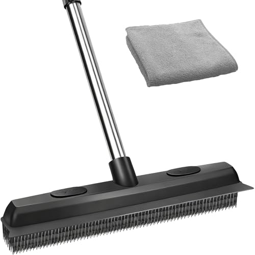 Houbobo Rubber Broom for Pet Hair Carpet, 121cm Adjustable Metal Handle, 34cm Wide Rubber Brush with Built-in Squeegee, Includes 1 Microfiber Cloth, Sweeping Brush for Carpet, Kitchen Floor Cleaning