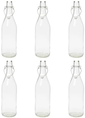 UNIQUE HOME LIVING 6PCS Glass Bottles with Swing Top, 1 Litre Airtight Preserve Bottle for Beverages, Home Brewing, Oil Vinegar Beer Wine Cider Soda Water, BPA-Free Leakproof Reusable Bottles
