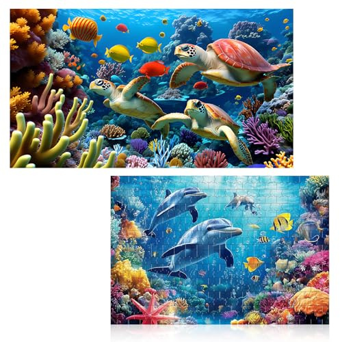 2 PCS Jigsaw Puzzles for Adults and Kids,500 Piece and 1000 Piece Jigsaw Puzzles,Puzzle Gifts(Sea Turtle, Sea World)