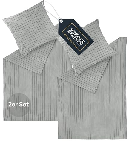 SCHÖNER WOHNEN Flanell Bettwäsche 135x200 Baumwolle Grau - Luxus kuschelige warme Flauschige Bettwäsche-Sets 4teilig Öko - 2 Bettwäschebezüge und 2 Kopfkissenbezüge 80x80cm - Herbst & Winter