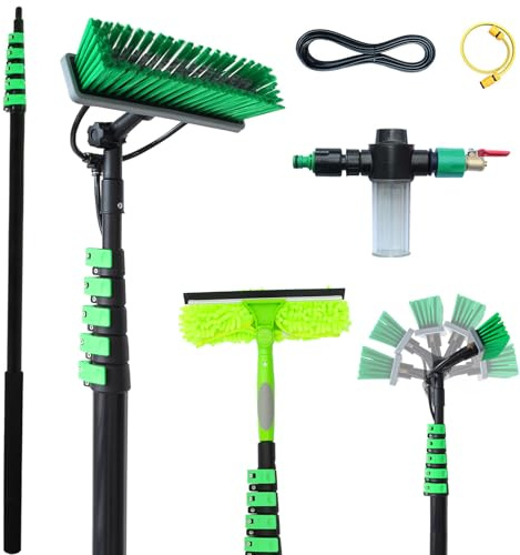 YFSMBD Window Cleaning Brush, 6M Telescopic Pole Washing Kit, with Water-fed Brush, Squeegee, Soap Dispenser & 12m Hose,Water Fed Window Cleaning Pole Aluminium,Cleaner for Solar Panels & Roofs & Cars