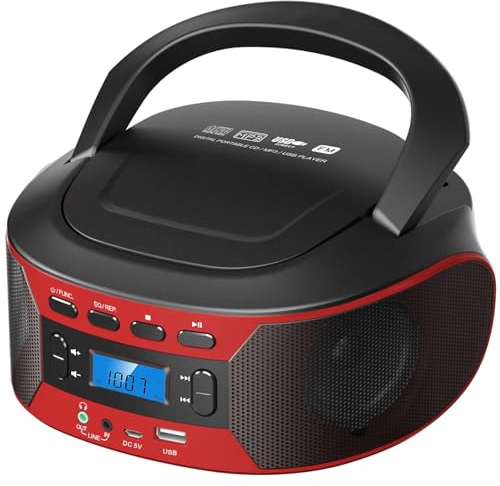 Enceinte CD Portable Boombox, Radio FM et Lecture USB | Entrée auxiliaire et Prise Casque, Double Alimentation (Secteur/Batterie) | Son Compact pour Bureau et extérieur,Black