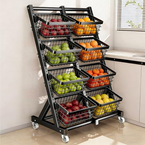 Dexinhdh Espositore Per Snack A 4 Ripiani Con Ruote, Espositore Per Cestini Portafrutta E Verdura, Altezza Regolabile, Ripiani In Metallo Per Negozi Di Alimentari, Cucine E Mercati(Black)