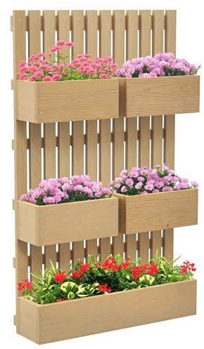 Outsunny Jardinera de Pared con Enrejado, Jardinera Exterior Grande de Madera con 5 Macetas Móviles, Tela no tejida y Orificios de Drenaje, para Exterior, Jardín, Terraza, Patio, 60x16x100 cm, Natural