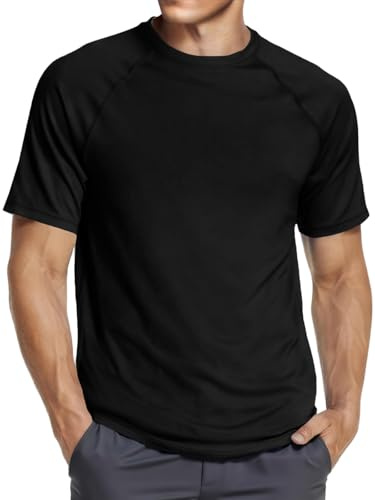 Runcati T-shirt sport pour homme à manches courtes col rond été, t-shirt fonctionnel pour hommes, séchage rapide, fitness, gym, t-shirt de sport uni, léger, t-shirts de loisirs, Noir , M