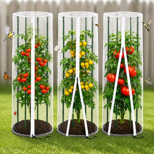 Vogelschutznetz & Insektenschutznetz für Tomaten Rankhilfe und Rankgitter, ohne Gestänge, 3er Set Rundes Pflanzenschutznetz Ø45 × 155 cm, Engmaschiges Gemüseschutznetz mit Reißverschluss und Zugband