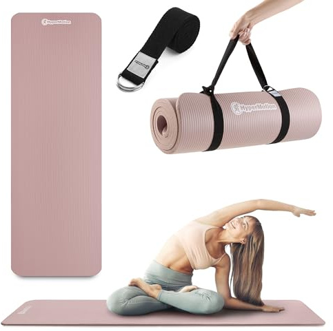 HyperMotion Tappetino Yoga NBR 183x61x1,5 cm Rosa antico, Spessore 15 mm Antiscivolo, con Cinghia per Trasporto ed Esercizi, Tappetino Fitness per Pilates e Stretching