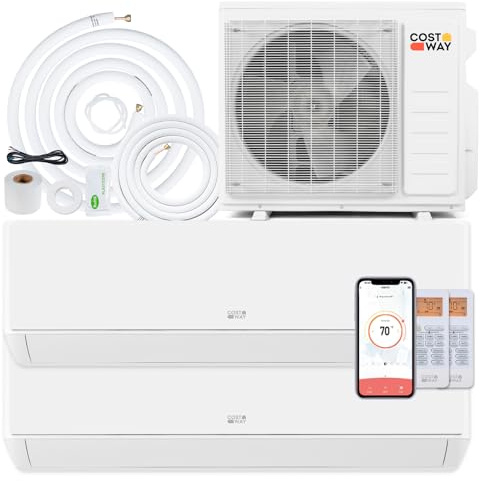 COSTWAY 18k Dual 2 Zone Mini Split Air Conditioner, 24 SEER2 12000 BTU+ 12000 BTU 208/230V Inverter AC w/Heat Pump & Pre-Charged Condenser,WiFi Enabled Ductless AC, Line Set Included