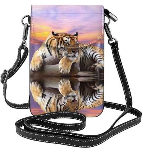 Bolso bandolera de piel con estampado de tigre tumbado sobre madera, para teléfono, mini bolso cruzado para mujer, tarjetero multifuncional y cartera