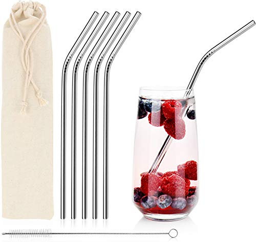 com-four® 5 Cannucce in Acciaio Inox, 21,5 cm, Senza ruggine, Paglia con Pennello per la Pulizia, Riutilizzabile